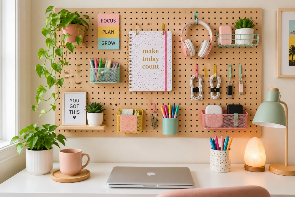 Small home office ideas featuring a pegboard wall for vertical storage above a compact desk