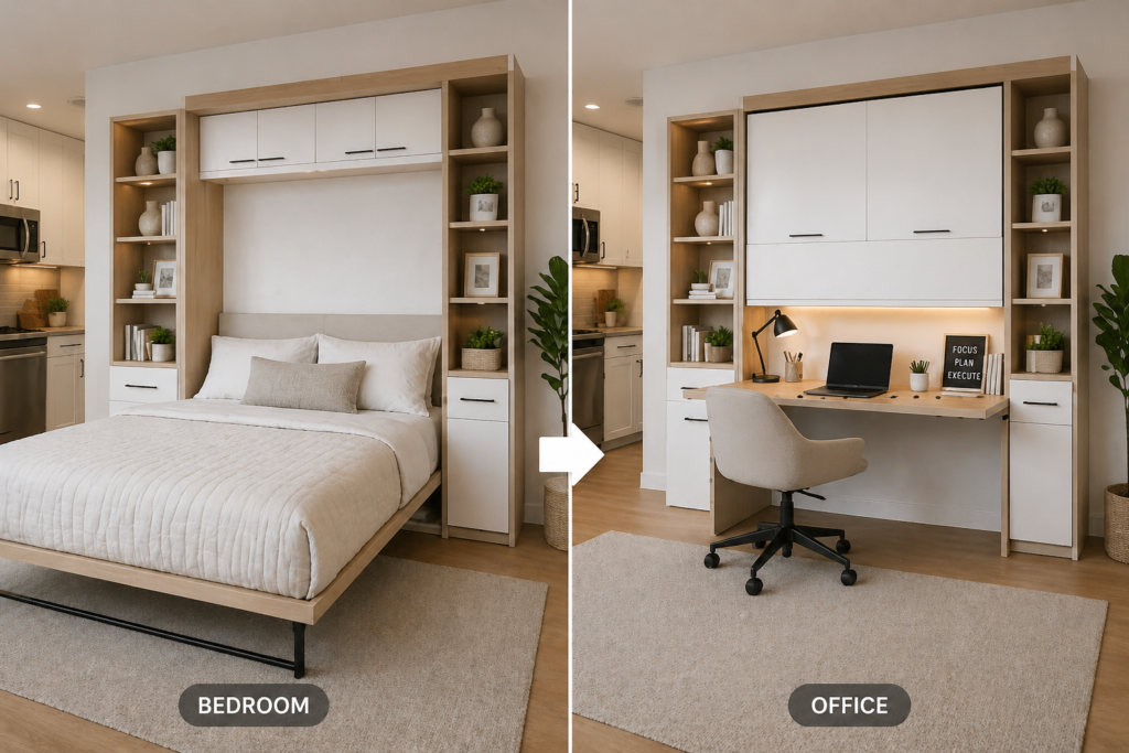 Small home office ideas using a Murphy bed desk combo to convert a bedroom into an office