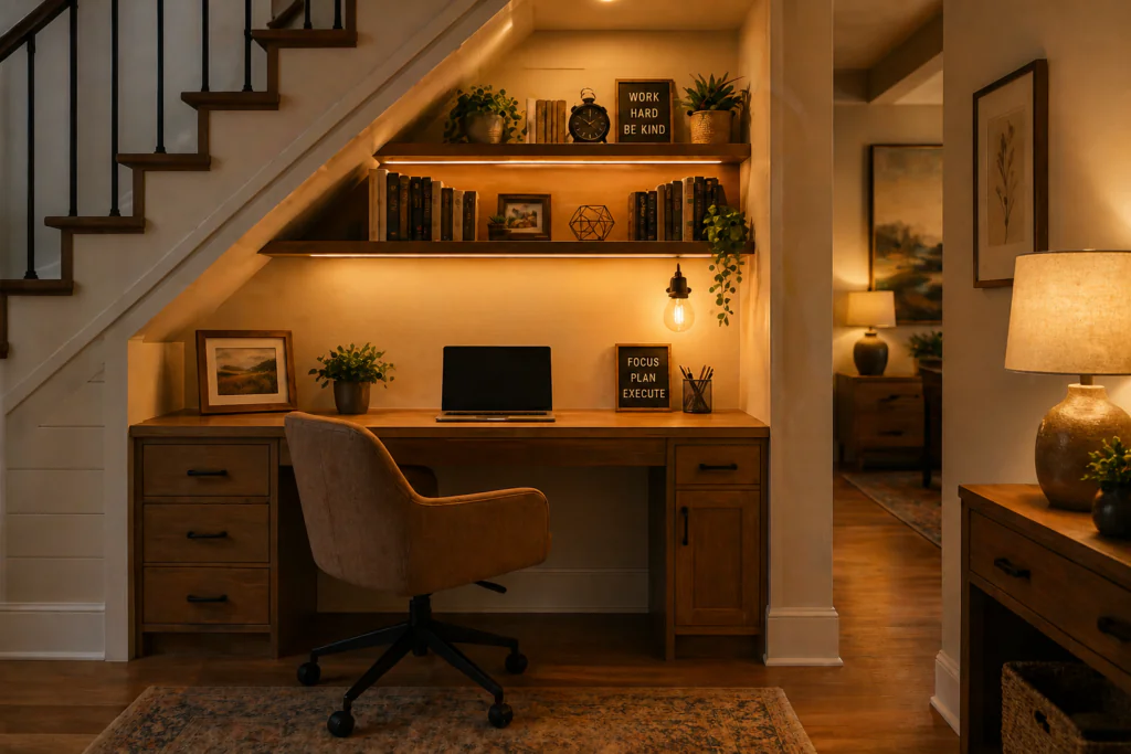 Small home office ideas using the under-staircase space as a built-in office nook with custom desk and shelving