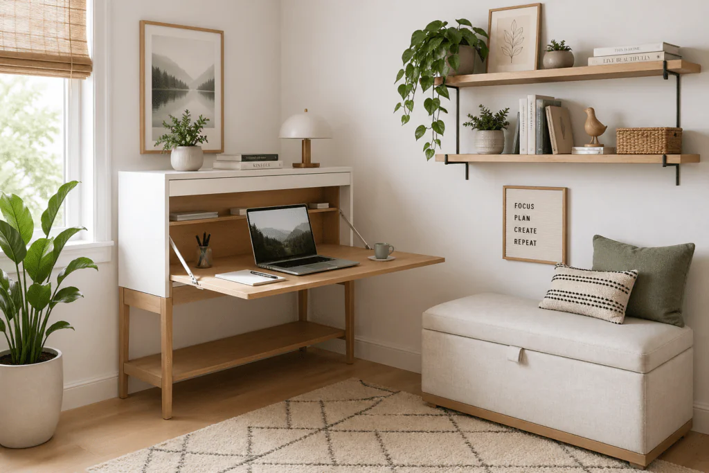 Small home office ideas with multipurpose furniture including a convertible desk and storage ottoman