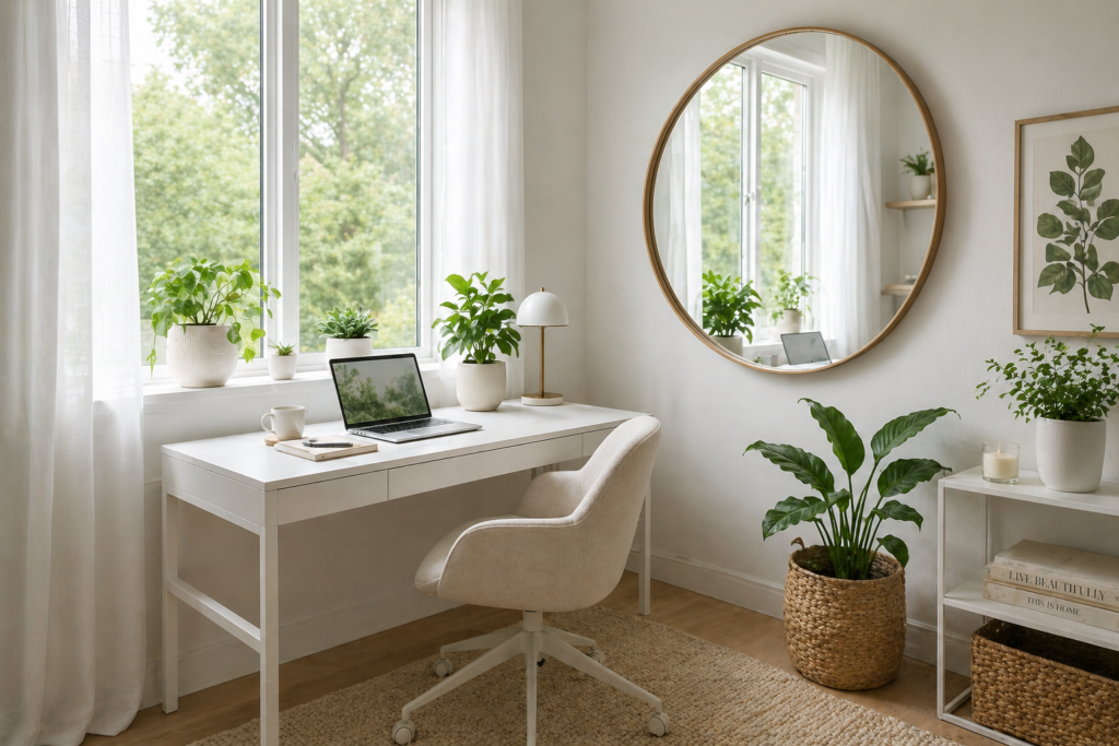 Small home office ideas maximizing natural light with sheer curtains, mirrors, and a window-facing desk