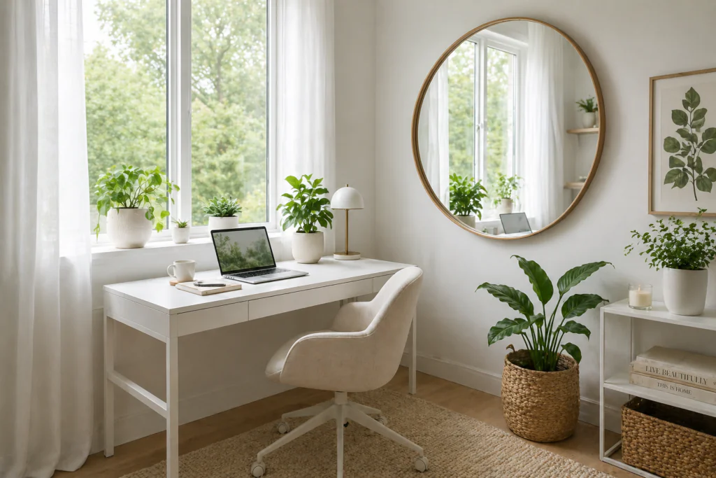 Small home office ideas maximizing natural light with sheer curtains, mirrors, and a window-facing desk