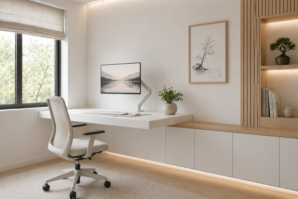 Small home office ideas with a minimalist desk setup and hidden storage to reduce visual clutter
