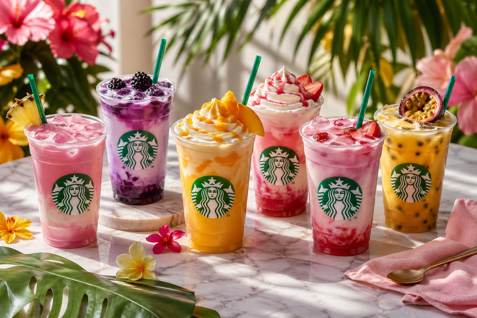 Flat lay of six vibrant iced Starbucks drinks in clear cups with green logos, arranged on a white marble table. The beverages feature layered pink, purple, orange, and yellow hues, topped with whipped cream and garnished with fruits like berries, mango, and passionfruit. Colorful straws add a playful touch. Tropical flowers and greenery surround the drinks, while warm sunlight streams across the scene, creating bright highlights and soft shadows for a polished, professional food photography look.