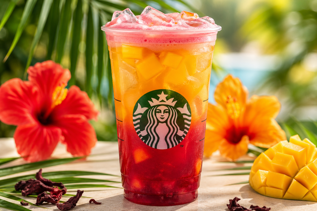  Starbucks Summer Drinks 2026 Tropical Mango Hibiscus Refresher in layered red and yellow colors