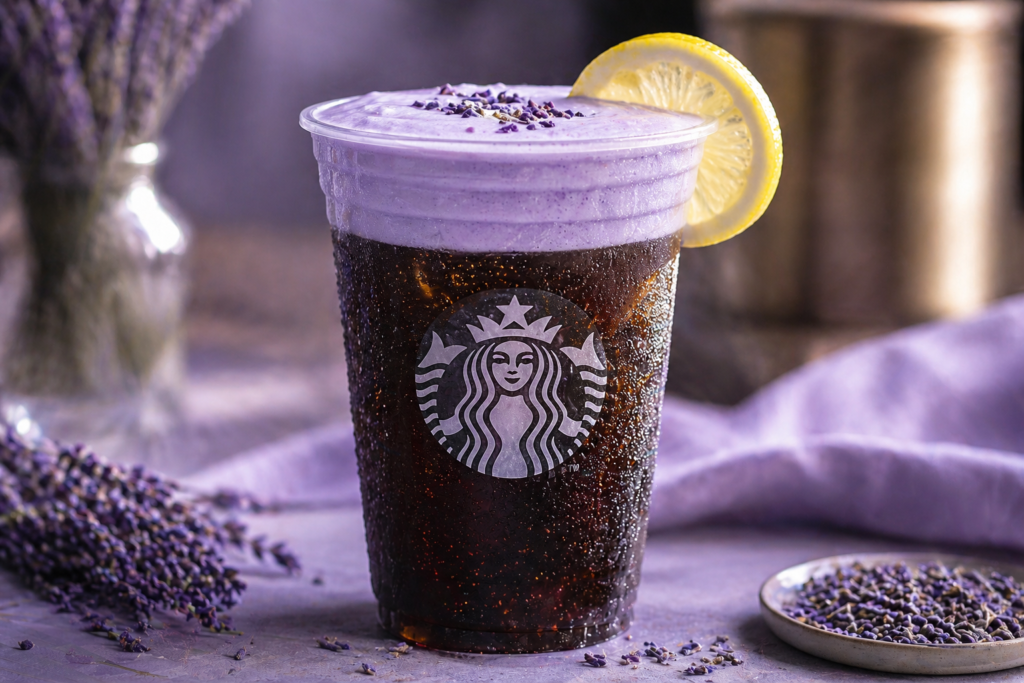 Starbucks Summer Drinks 2026 Sparkling Lemon Lavender Cold Brew with purple cold foam