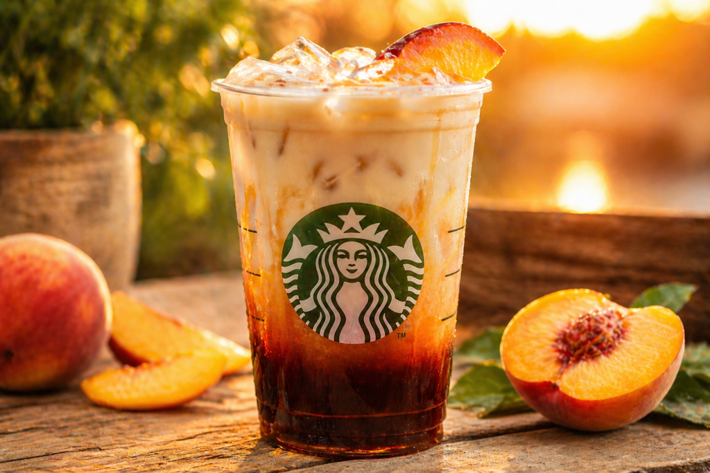 Starbucks Summer Drinks 2026 Peach Sunset Iced Shaken Espresso with three color layers