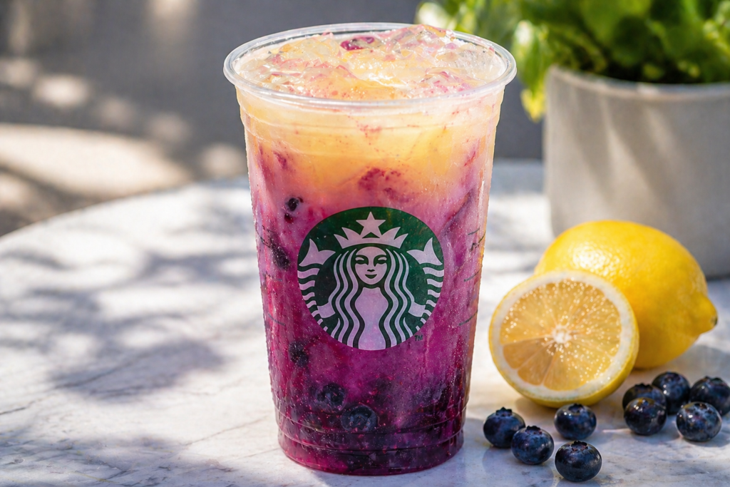 Starbucks Summer Drinks 2026 Blueberry Açaí Lemonade Refresher purple and yellow layered drink