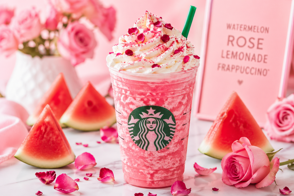 Starbucks Summer Drinks 2026 Watermelon Rose Lemonade Frappuccino pink blended drink with whipped cream