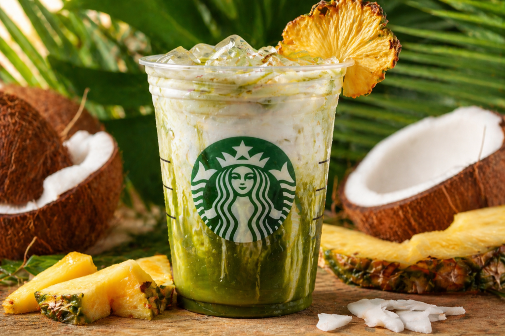 Starbucks Summer Drinks 2026 Matcha Pineapple Coconut Latte green and white tropical drink