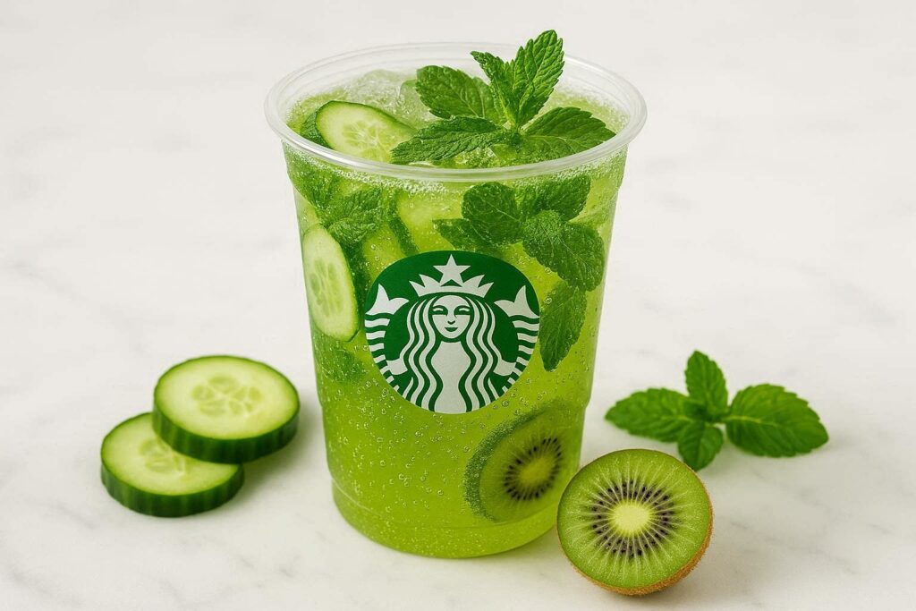 Starbucks Summer Drinks 2026 Kiwi Cucumber Mint Refresher bright green spa-inspired drink