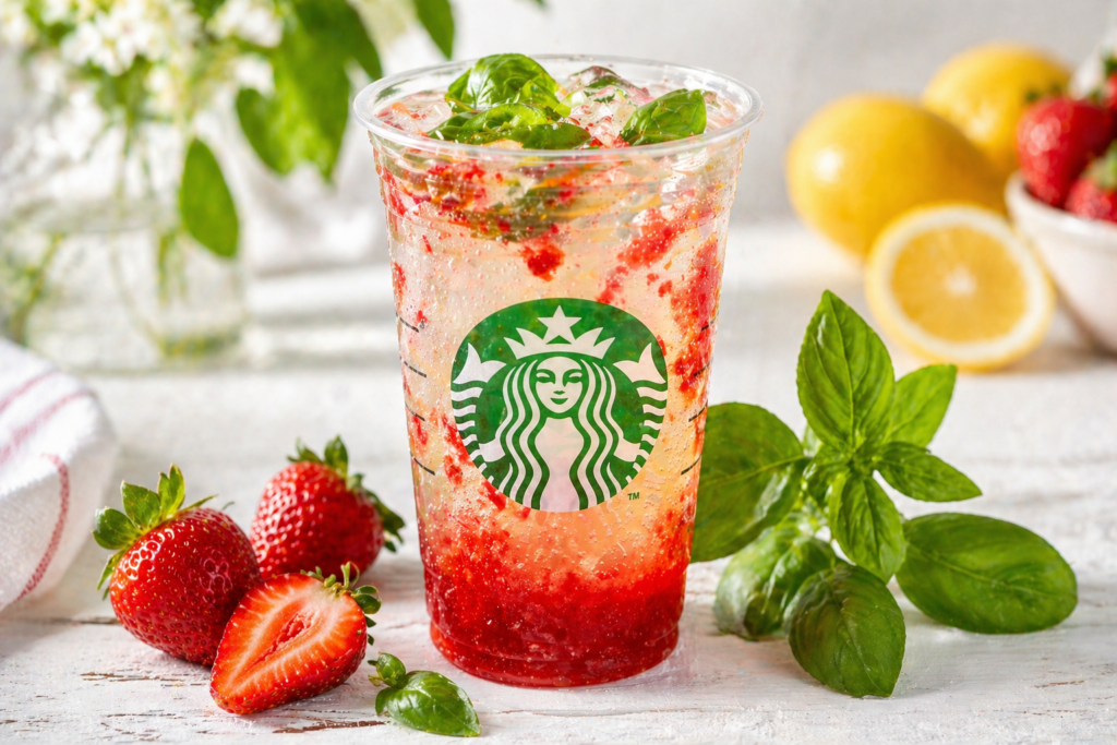 Starbucks Summer Drinks 2026 Strawberry Basil Sparkling Lemonade with fresh herbs