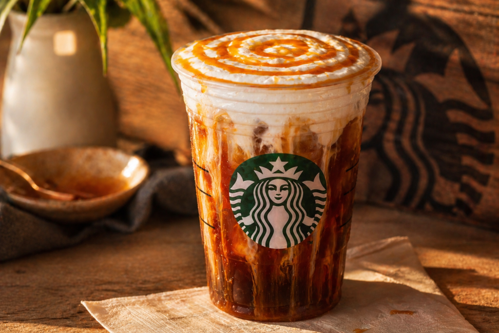 Starbucks Summer Drinks 2026 Caramel Coconut Cold Foam Iced Coffee with caramel drizzle