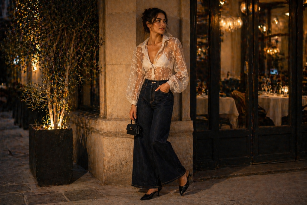 summer outfits for women - sheer organza blouse and high waisted denim date night look