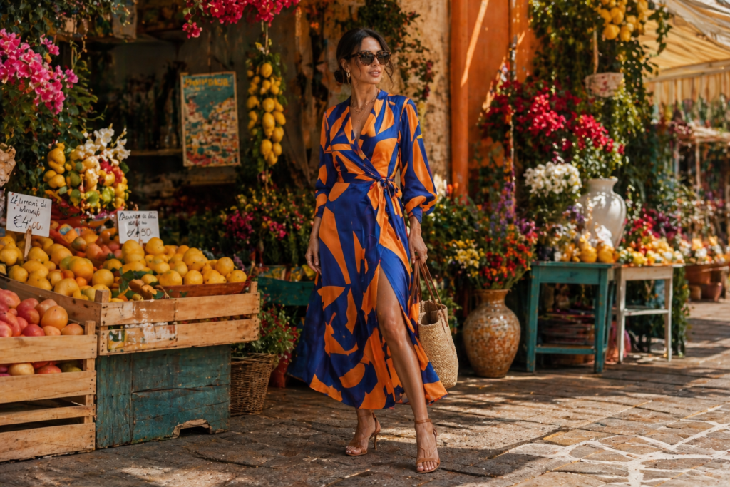  summer outfits for women - colorful geometric wrap dress Mediterranean style