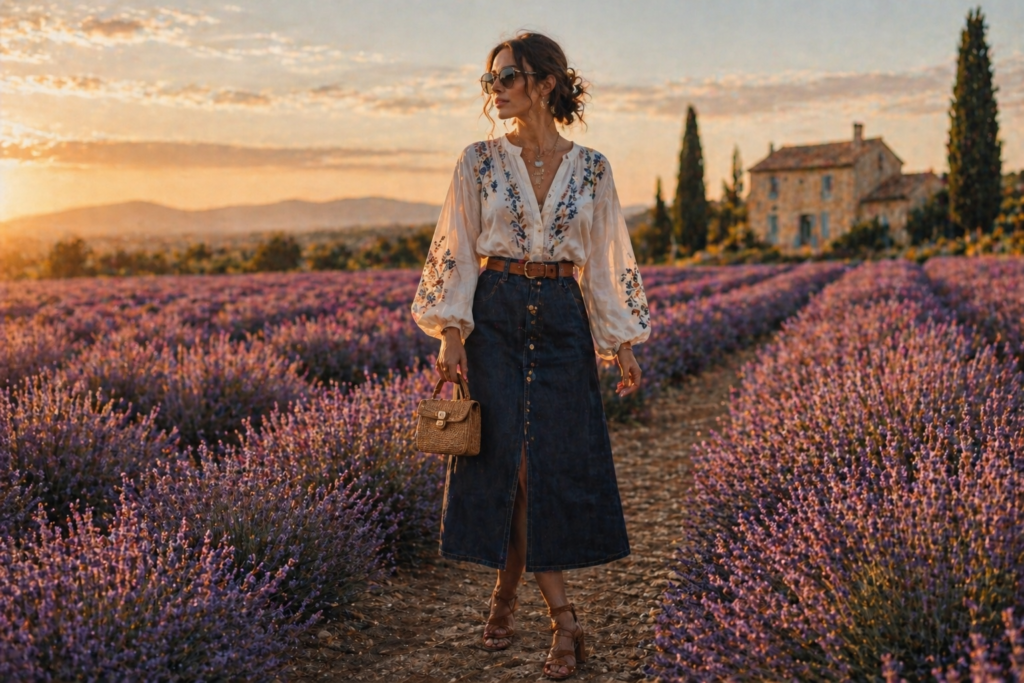 summer outfits for women - peasant blouse and denim midi skirt romantic countryside