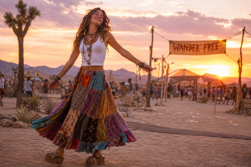 summer outfits for women - boho maxi skirt and tank top festival desert style