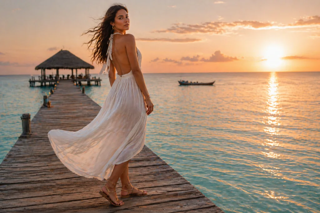 summer outfits for women - white backless halter neck dress tropical sunset