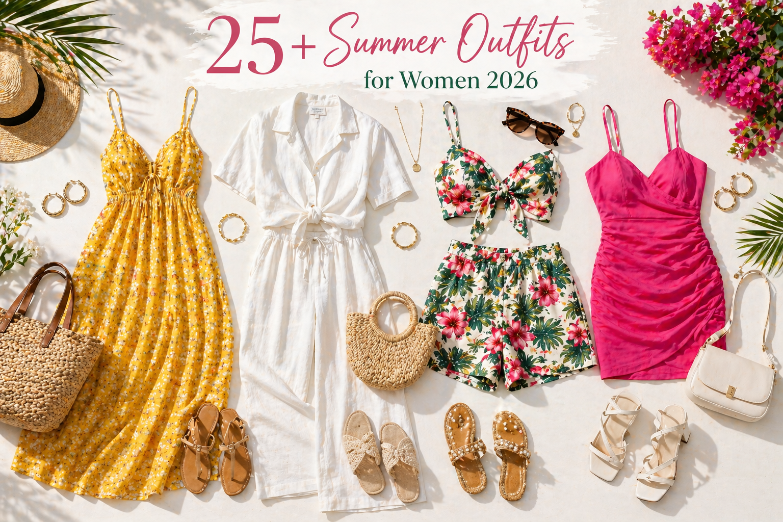 summer outfits for women 2026 - featured collage of trending summer fashion ideas including sundress, linen co-ord, tropical two-piece and mini dress