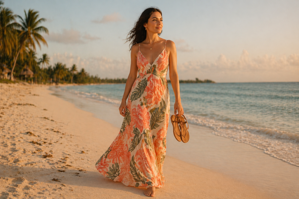  summer outfits for women - flowy floral maxi dress on beach golden hour