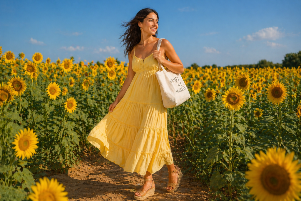 summer outfits for women - yellow sundress with espadrille wedges in sunflower field