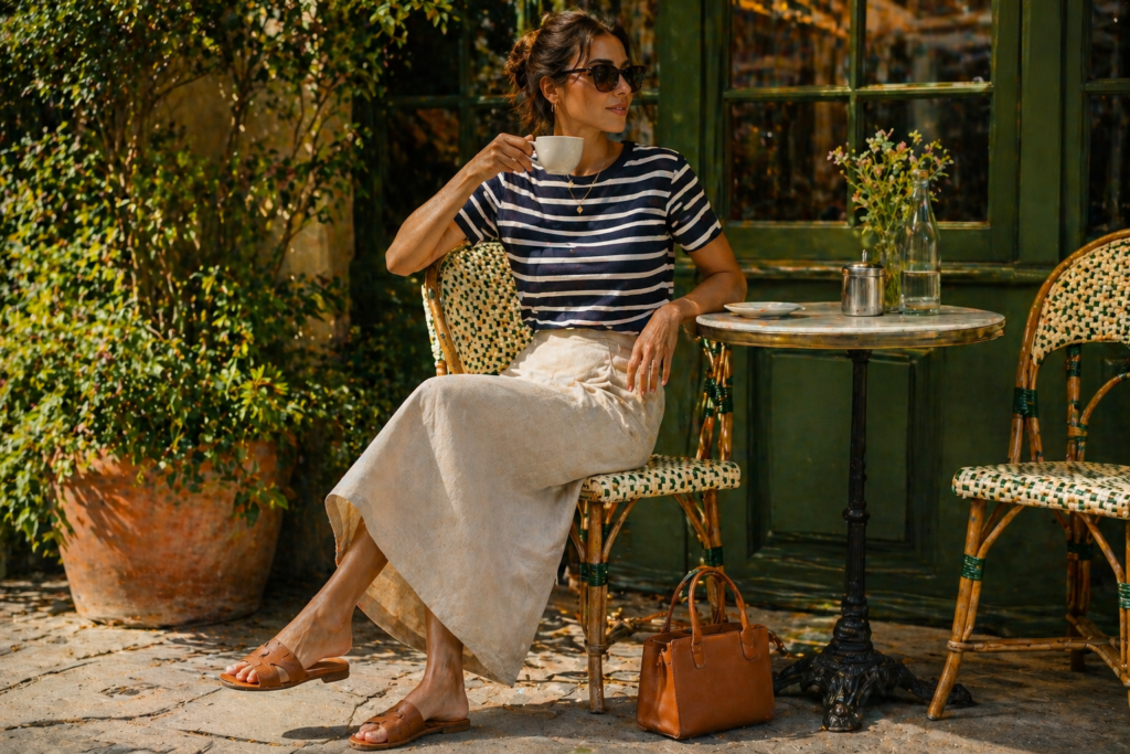 summer outfits for women - linen midi skirt and breton stripe tee French girl aesthetic