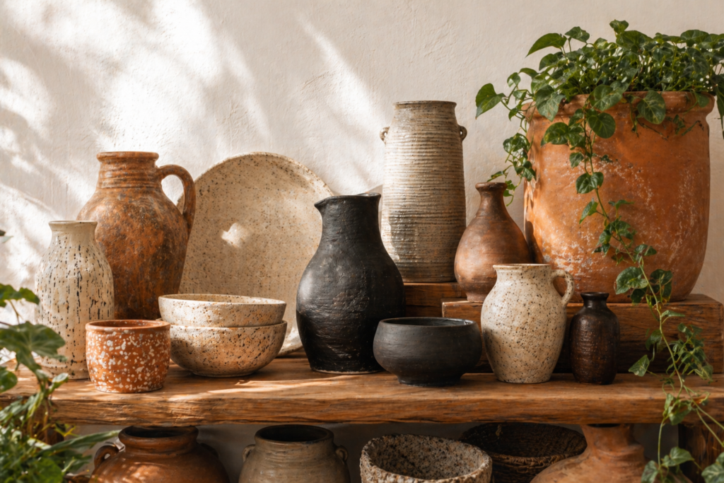 Terracotta pots and earthy pottery for summer home decor 2026 — handthrown clay pots, speckled ceramics and rust planters on wooden shelf