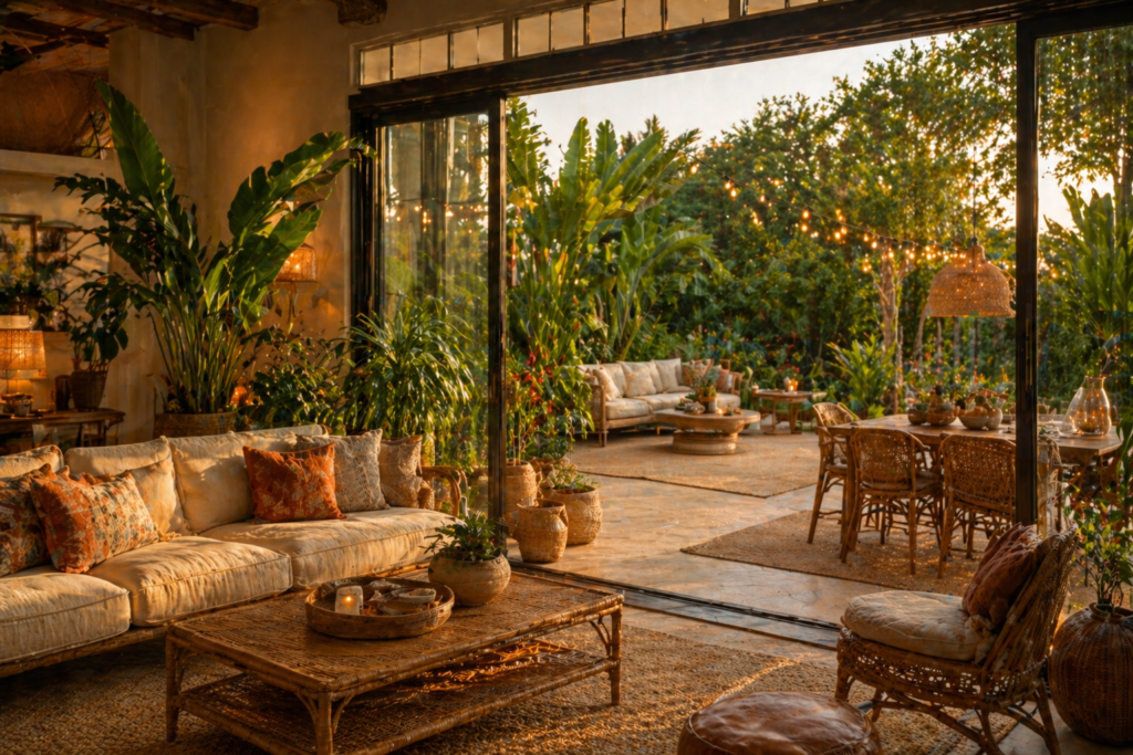  Indoor outdoor summer home decor 2026 — open glass doors connecting rattan furnished living room to garden patio with string lights
