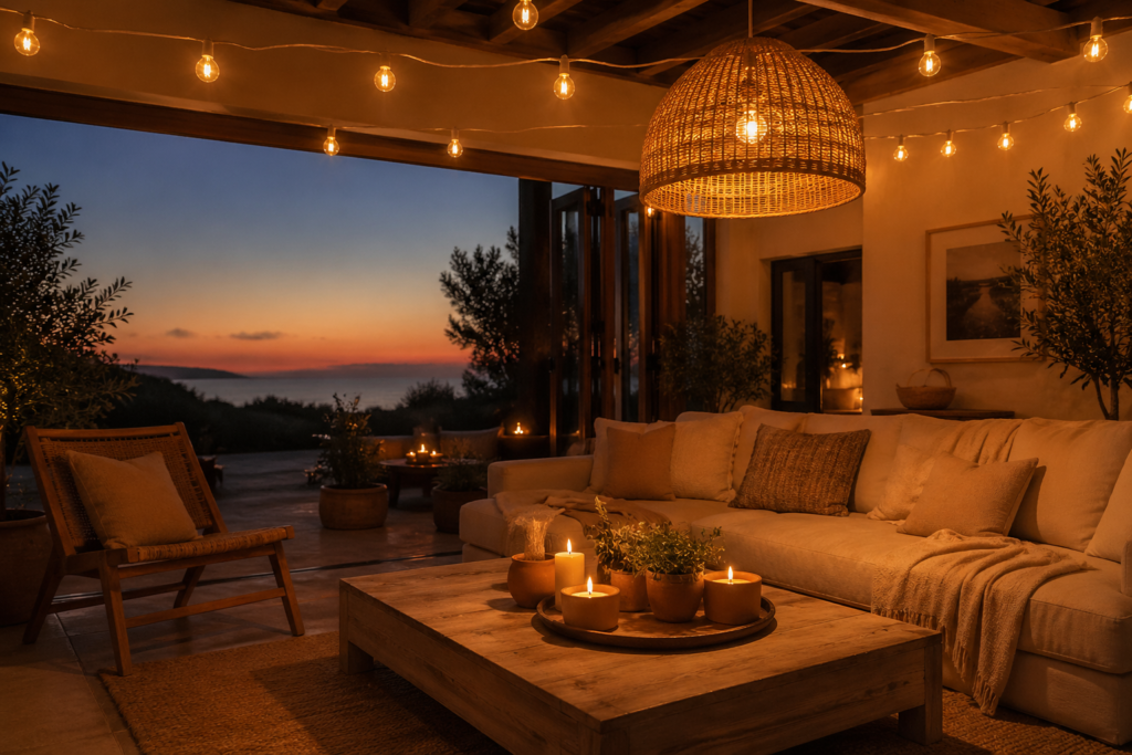  Summer home decor 2026 lighting — warm Edison string lights, rattan pendant lamp and candles in terracotta holders at dusk