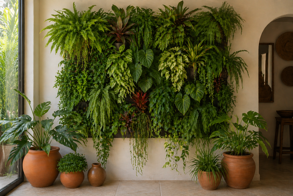 Tropical plant wall summer home decor 2026 — living green wall with ferns, pothos and philodendrons as interior feature wall