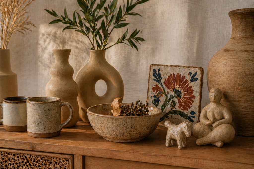 Artisan ceramics summer home decor 2026 — handthrown mugs, sculptural vases and speckled stoneware bowl on styled shelf