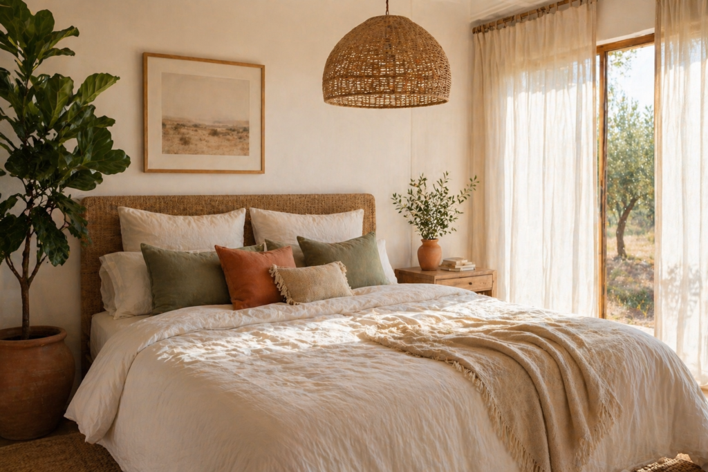 Summer home decor 2026 bedroom refresh — linen duvet, terracotta and sage pillows, rattan pendant light and fiddle leaf fig