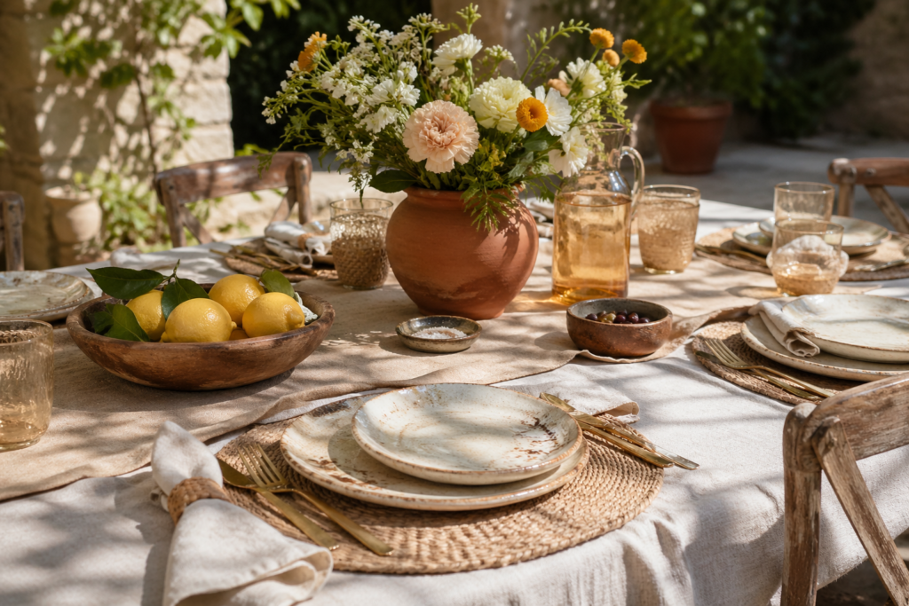  Summer 2026 dining table decor — linen runner, artisan ceramics, fresh lemons, seasonal flowers and rattan placemats for summer brunch