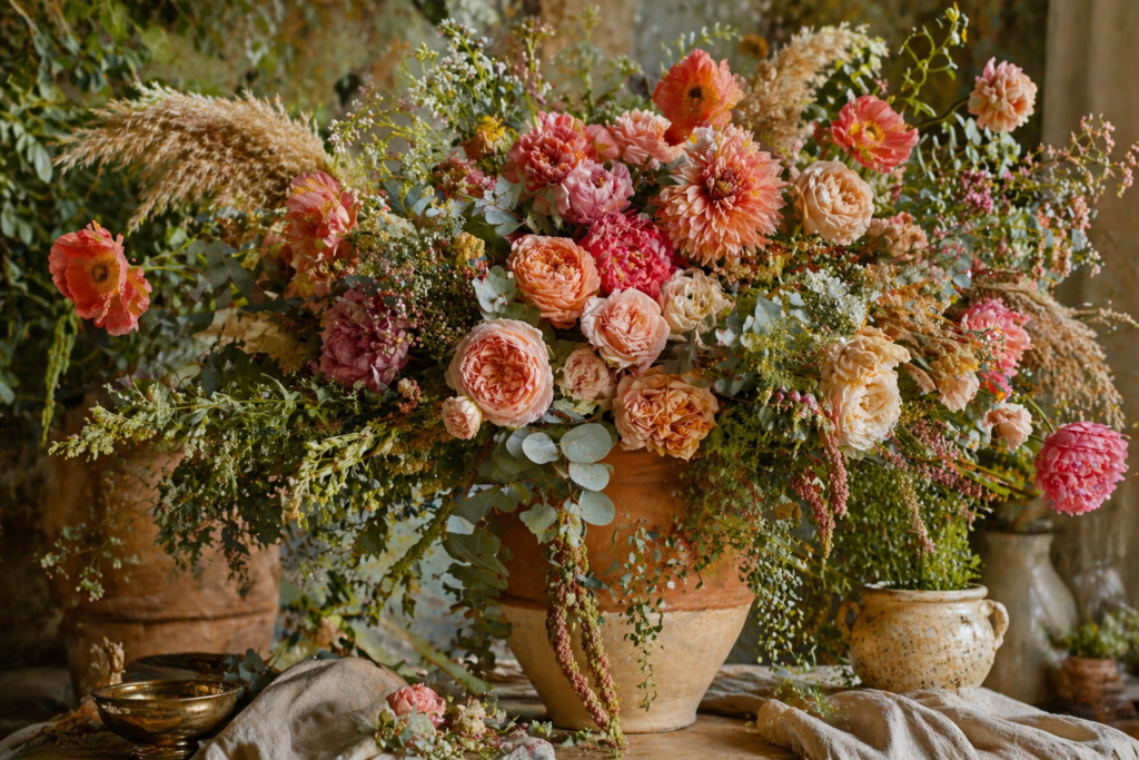 Maximalist floral arrangement summer home decor 2026 — overflowing terracotta vase with garden roses, poppies, dahlias and pampas grass