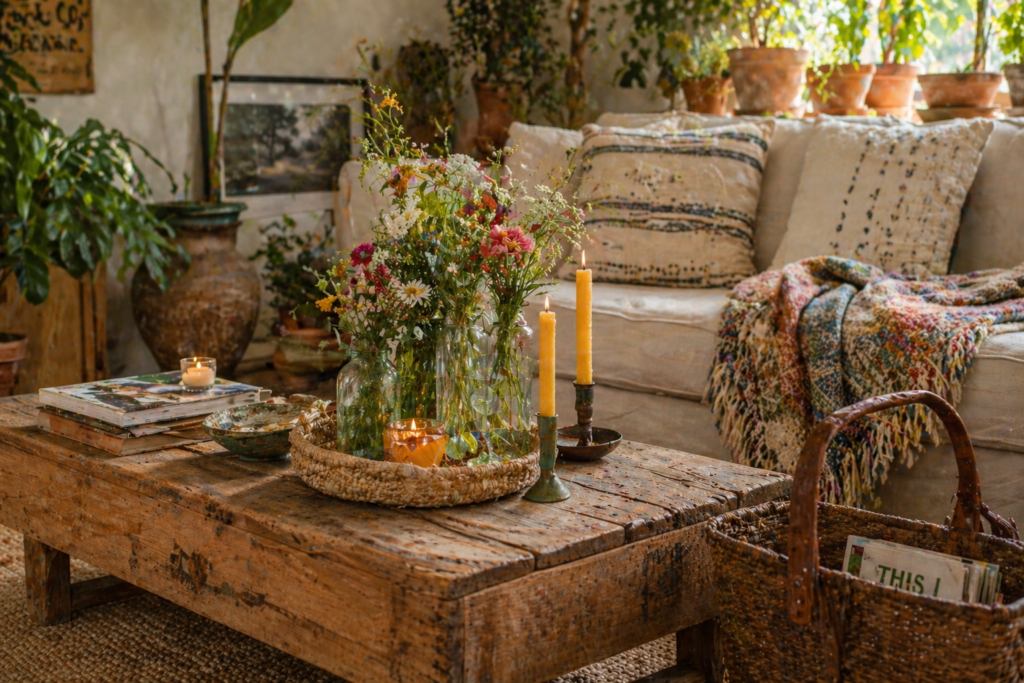 Sustainable summer home decor 2026 — reclaimed wood furniture, upcycled glass vases, beeswax candles and handwoven recycled cotton throw
