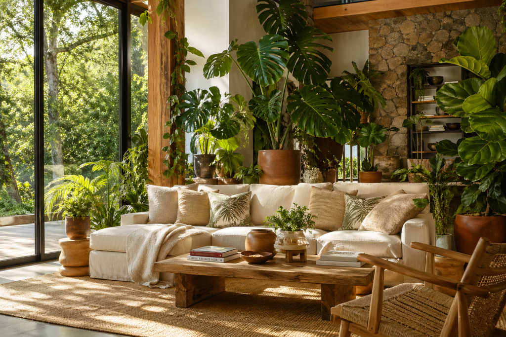 Biophilic summer home decor 2026 — living room with floor to ceiling indoor plants, natural wood furniture and terracotta pots