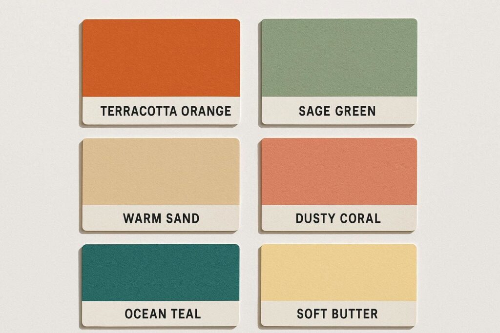 Summer home decor 2026 color palette — terracotta, sage green, ocean teal, dusty coral and warm sand swatches