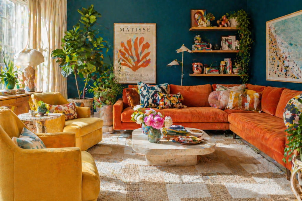  Color blocking summer home decor 2026 — ocean teal accent wall, terracotta sofa, butter yellow chairs and geometric rug