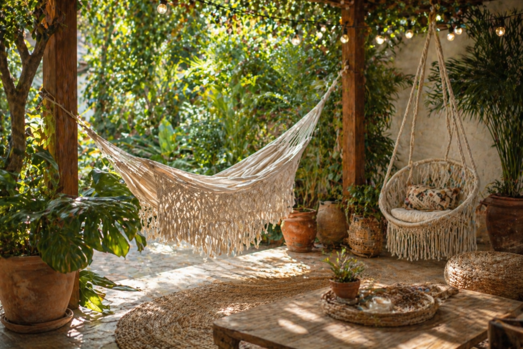 Summer 2026 outdoor seating decor — handwoven hammock and macrame swing chair on shaded garden patio with string lights and tropical plants