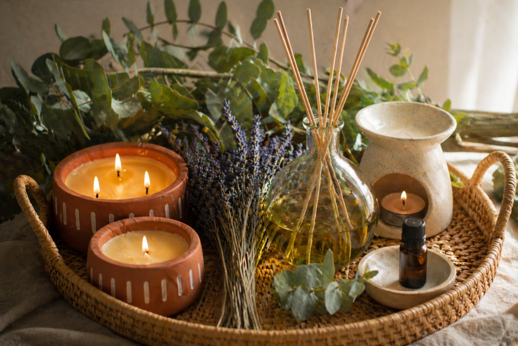 Summer home decor 2026 scent and aromatherapy — beeswax candles, reed diffuser, eucalyptus bundles and ceramic oil burner on woven tray