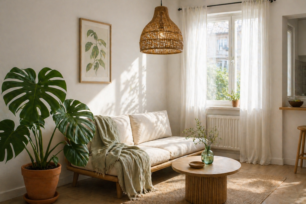 Minimalist summer home decor 2026 small space — single monstera plant, rattan pendant light, linen throw and sheer curtains in small apartment
