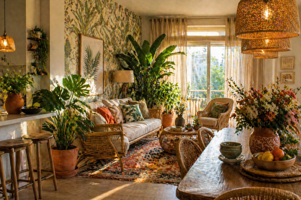 Complete summer home decor 2026 — open plan living and dining room with rattan furniture, botanical wallpaper, plant clusters, linen curtains and artisan ceramics all working together