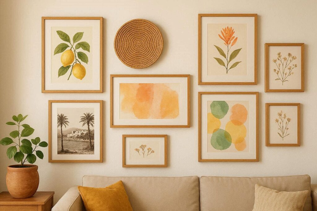 Summer gallery wall home decor 2026 — botanical prints, watercolor art, vintage photos and woven wall hanging in natural wood frames