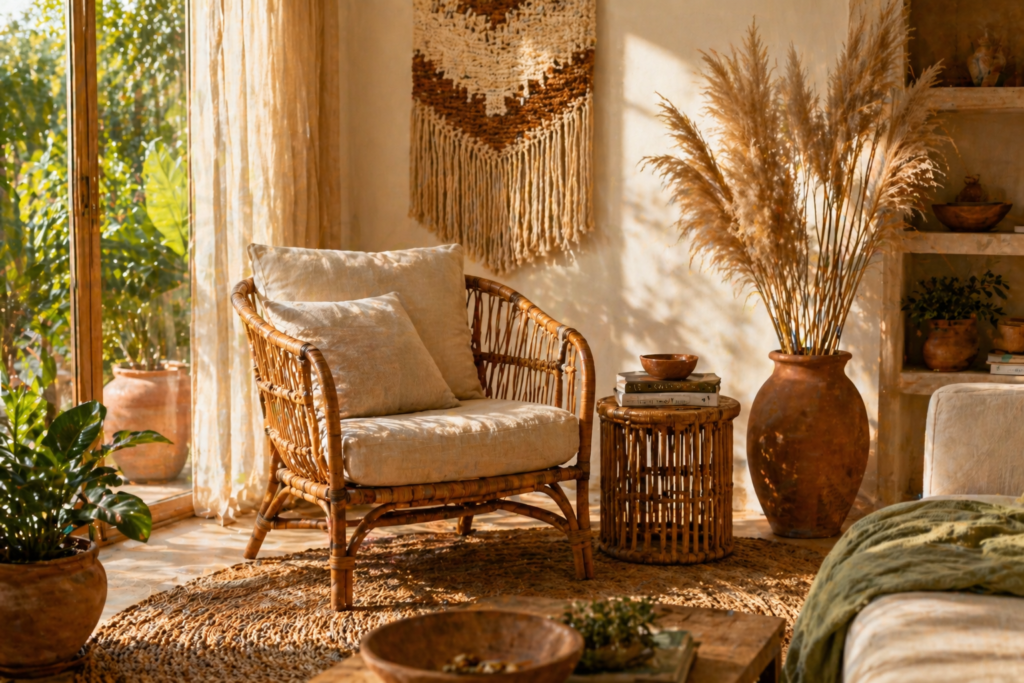 Rattan furniture and natural weave textures for summer home decor 2026 — armchair, jute rug and bamboo side table