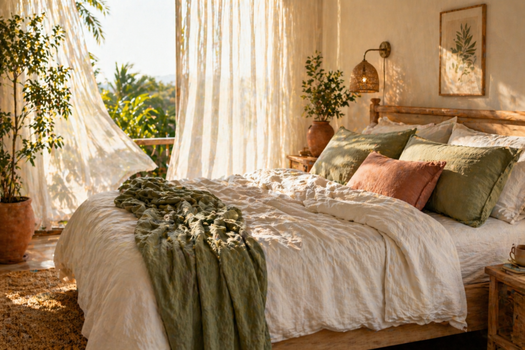 Breezy linen summer home decor 2026 — bedroom with linen duvet, sage green pillows and sheer linen curtains in morning light