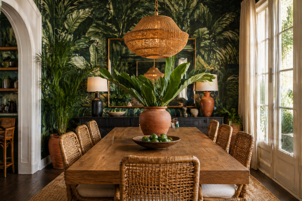 Bold botanical wallpaper summer home decor 2026 — dining room with tropical leaf wallpaper, oak table and rattan chairs