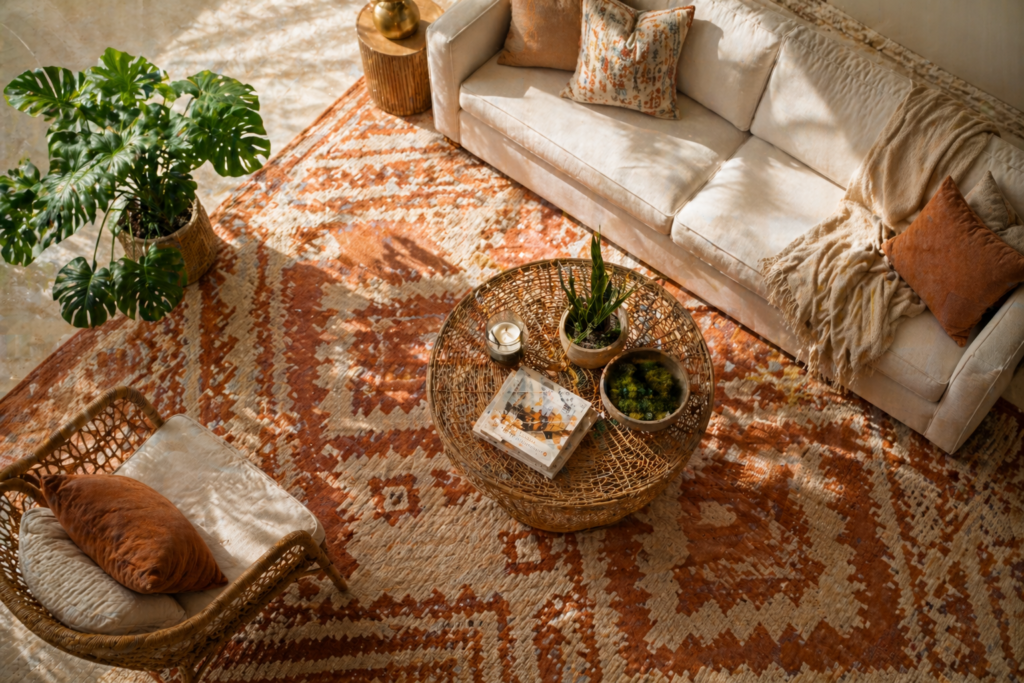 Statement rug for summer home decor 2026 — terracotta geometric pattern rug with linen sofa and rattan coffee table