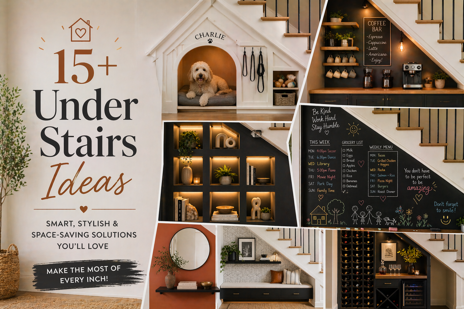Collage of under stairs ideas featuring a cozy dog nook, coffee bar, illuminated shelving, chalkboard wall, geometric accent wall, entryway bench, and built-in wine storage, showcasing stylish and space-saving staircase design solutions in a modern home.