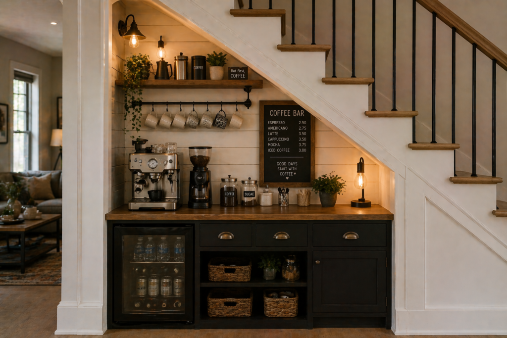 Stylish coffee bar built intoUnder Stairs Wall Space Ideas  with mug hooks espresso machine and warm Edison lighting