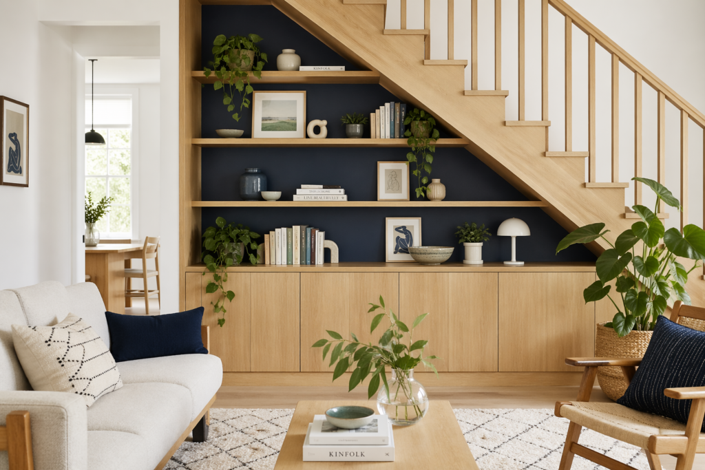 Built-in shelves under stairs with navy blue backdrop displaying books, ceramics and art decor
